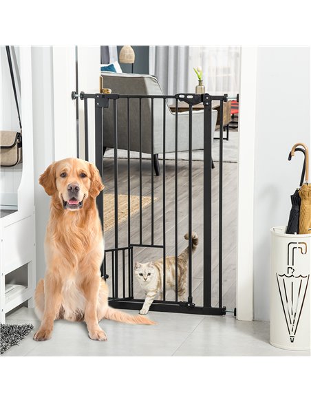 PawHut Extra Tall Pet Gate, Indoor Dog Safety Gate, with Cat Flap, Auto Close, 74-80cm Wide - Black - pic 143220 | FastDaddyshop