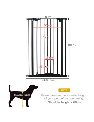 PawHut Extra Tall Pet Gate, Indoor Dog Safety Gate, with Cat Flap, Auto Close, 74-80cm Wide - Black