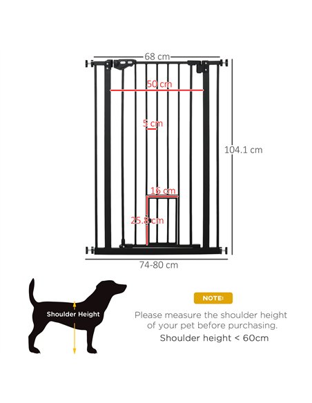 PawHut Extra Tall Pet Gate, Indoor Dog Safety Gate, with Cat Flap, Auto Close, 74-80cm Wide - Black - pic 143221 | FastDaddyshop