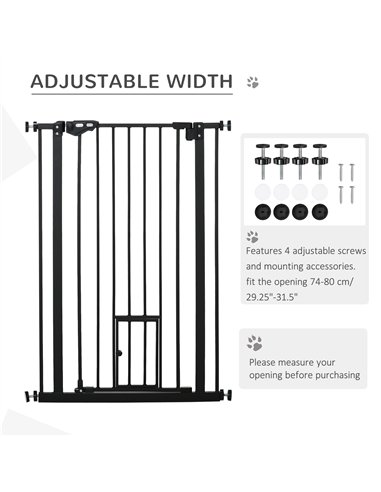 PawHut Extra Tall Pet Gate, Indoor Dog Safety Gate, with Cat Flap, Auto Close, 74-80cm Wide - Black