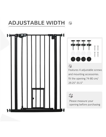 PawHut Extra Tall Pet Gate, Indoor Dog Safety Gate, with Cat Flap, Auto Close, 74-80cm Wide - Black - pic 143224 | FastDaddyshop