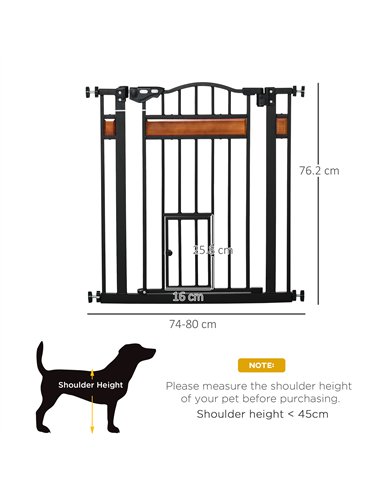 PawHut Pet Gate Safety Gate, with Cat Flap, Auto Close, for Staircases, Doorways, Hallways, 74-80cm Wide - Black