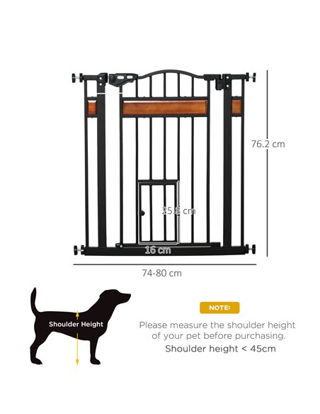 PawHut Pet Gate Safety Gate, with Cat Flap, Auto Close, for Staircases, Doorways, Hallways, 74-80cm Wide - Black - pic 143230 | FastDaddyshop