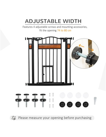 PawHut Pet Gate Safety Gate, with Cat Flap, Auto Close, for Staircases, Doorways, Hallways, 74-80cm Wide - Black - pic 143233 | FastDaddyshop