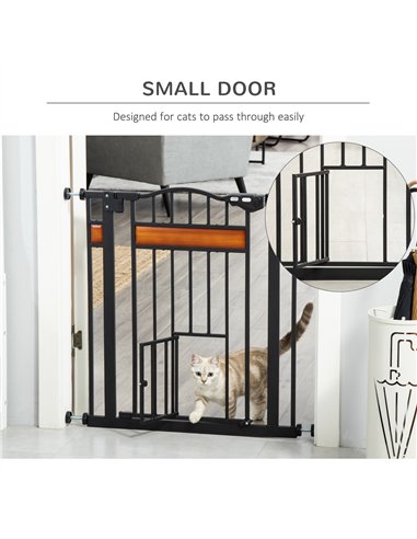 PawHut Pet Gate Safety Gate, with Cat Flap, Auto Close, for Staircases, Doorways, Hallways, 74-80cm Wide - Black