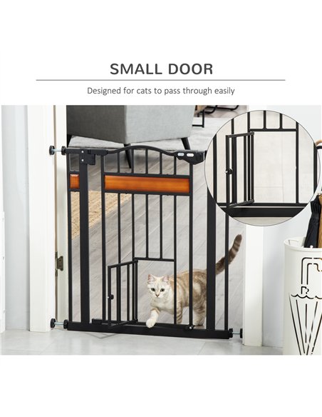 PawHut Pet Gate Safety Gate, with Cat Flap, Auto Close, for Staircases, Doorways, Hallways, 74-80cm Wide - Black - pic 143234 | FastDaddyshop