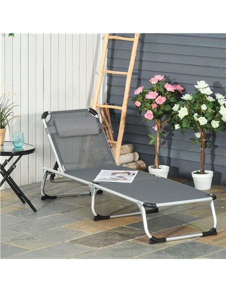 Outsunny Foldable Reclining Sun Lounger Lounge Chair Camping Bed Cot with Pillow 5-Level Adjustable Back Aluminium Frame Grey - pic 14328 | FastDaddyshop
