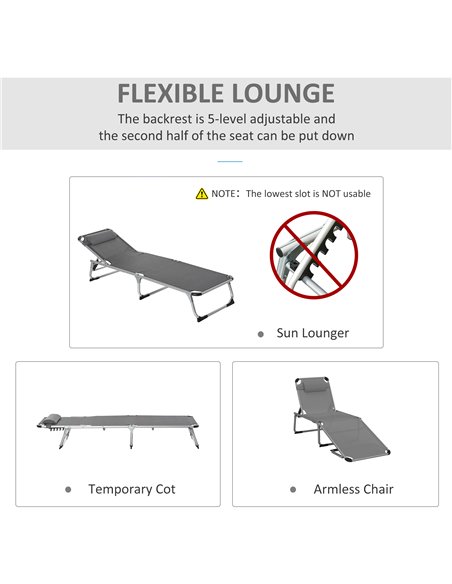 Outsunny Foldable Reclining Sun Lounger Lounge Chair Camping Bed Cot with Pillow 5-Level Adjustable Back Aluminium Frame Grey - pic 14330 | FastDaddyshop