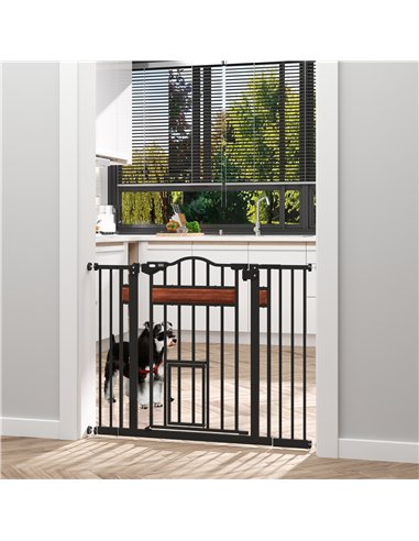 PawHut Pet Gate Safety Gate, with Cat Flap, Auto Close, for Staircases, Doorways, Hallways, 74-105cm Wide - Black