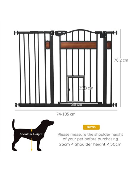 PawHut Pet Gate Safety Gate, with Cat Flap, Auto Close, for Staircases, Doorways, Hallways, 74-105cm Wide - Black - pic 143311 | FastDaddyshop