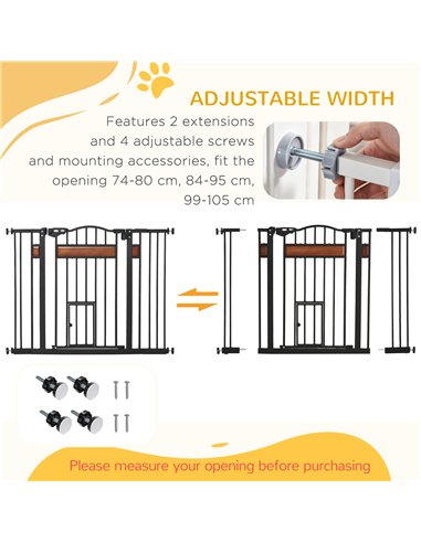 PawHut Pet Gate Safety Gate, with Cat Flap, Auto Close, for Staircases, Doorways, Hallways, 74-105cm Wide - Black