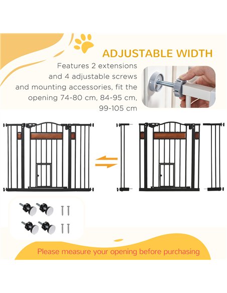 PawHut Pet Gate Safety Gate, with Cat Flap, Auto Close, for Staircases, Doorways, Hallways, 74-105cm Wide - Black - pic 143314 | FastDaddyshop