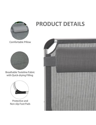 Outsunny Foldable Reclining Sun Lounger Lounge Chair Camping Bed Cot with Pillow 5-Level Adjustable Back Aluminium Frame Grey