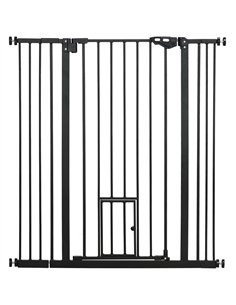 PawHut Extra Tall Pet Gate, Indoor Dog Safety Gate, with Cat Flap, Auto Close, 74-101cm Wide - Black