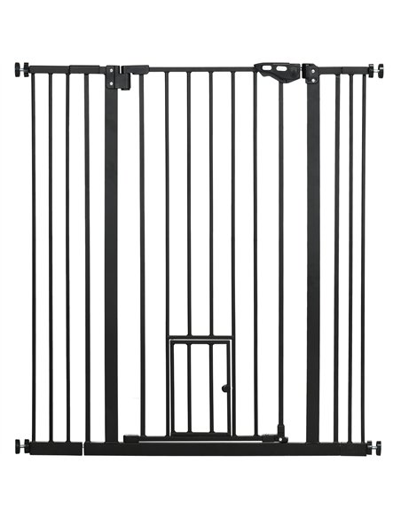 PawHut Extra Tall Pet Gate, Indoor Dog Safety Gate, with Cat Flap, Auto Close, 74-101cm Wide - Black - pic 143327 | FastDaddyshop
