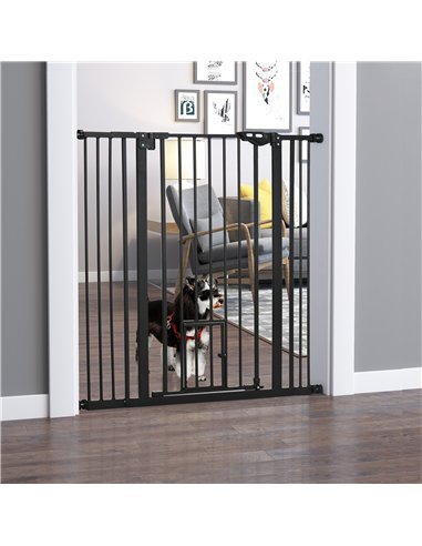 PawHut Extra Tall Pet Gate, Indoor Dog Safety Gate, with Cat Flap, Auto Close, 74-101cm Wide - Black