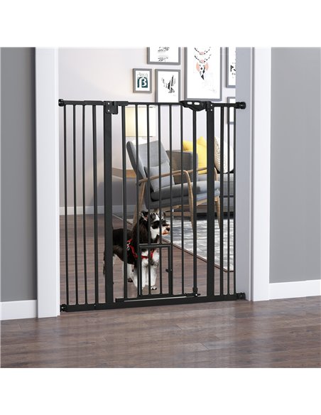 PawHut Extra Tall Pet Gate, Indoor Dog Safety Gate, with Cat Flap, Auto Close, 74-101cm Wide - Black - pic 143328 | FastDaddyshop