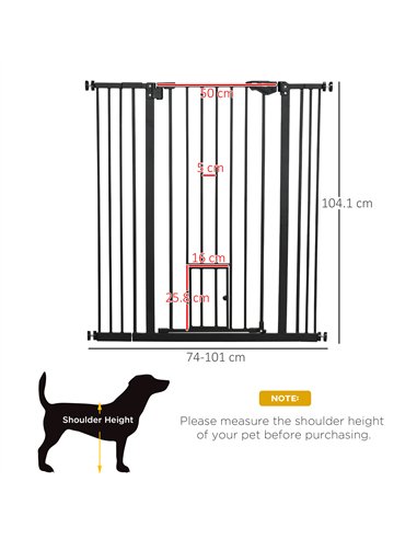 PawHut Extra Tall Pet Gate, Indoor Dog Safety Gate, with Cat Flap, Auto Close, 74-101cm Wide - Black