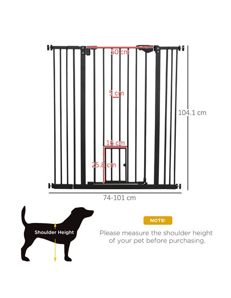 PawHut Extra Tall Pet Gate, Indoor Dog Safety Gate, with Cat Flap, Auto Close, 74-101cm Wide - Black - pic 143329 | FastDaddyshop
