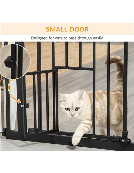 PawHut Extra Tall Pet Gate, Indoor Dog Safety Gate, with Cat Flap, Auto Close, 74-101cm Wide - Black - pic 143333 | FastDaddyshop