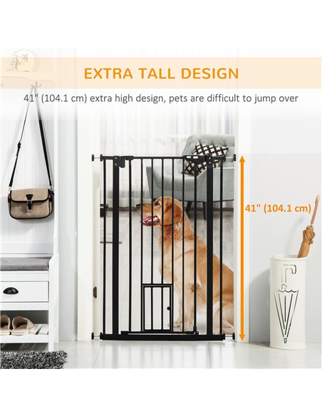 PawHut Extra Tall Pet Gate, Indoor Dog Safety Gate, with Cat Flap, Auto Close, 74-101cm Wide - Black - pic 143334 | FastDaddyshop