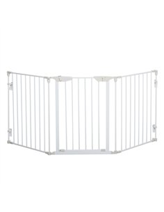PawHut Pet Safety Gate, 3 Panels Playpen Fireplace, Metal Fence, Stair Barrier, Room Divider w/ Walk-Through Door - White