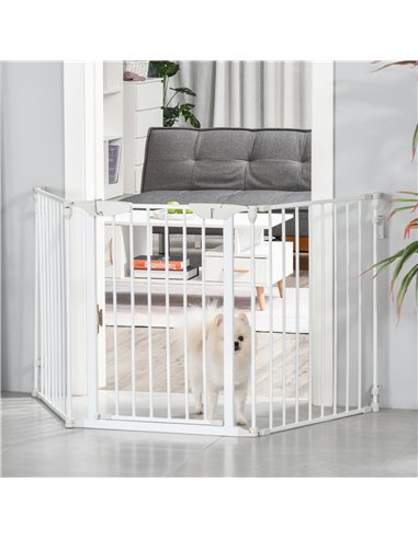 PawHut Pet Safety Gate, 3 Panels Playpen Fireplace, Metal Fence, Stair Barrier, Room Divider w/ Walk-Through Door - White