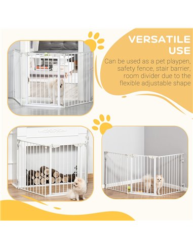 PawHut Pet Safety Gate, 3 Panels Playpen Fireplace, Metal Fence, Stair Barrier, Room Divider w/ Walk-Through Door - White