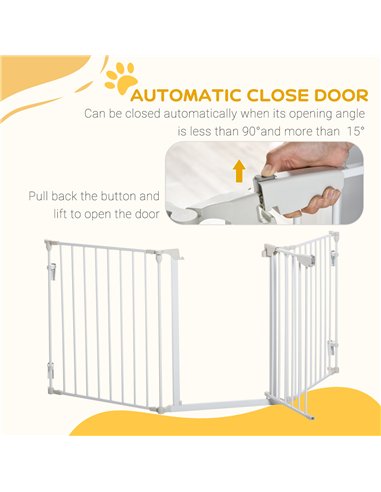 PawHut Pet Safety Gate, 3 Panels Playpen Fireplace, Metal Fence, Stair Barrier, Room Divider w/ Walk-Through Door - White