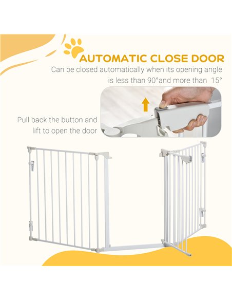 PawHut Pet Safety Gate, 3 Panels Playpen Fireplace, Metal Fence, Stair Barrier, Room Divider w/ Walk-Through Door - White - pic 143341 | FastDaddyshop