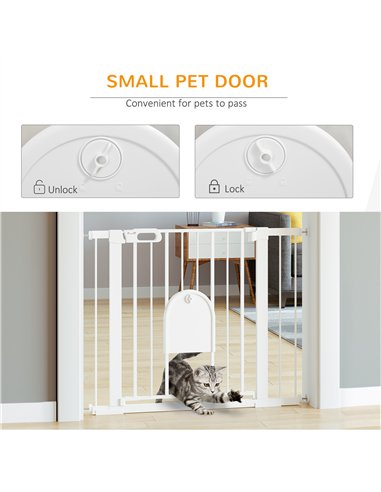PawHut Dog Gate with Cat Flap Pet Safety Gate Barrier, Stair Pressure Fit, Auto Close, Double Locking, for Doorways, Hallways, 7