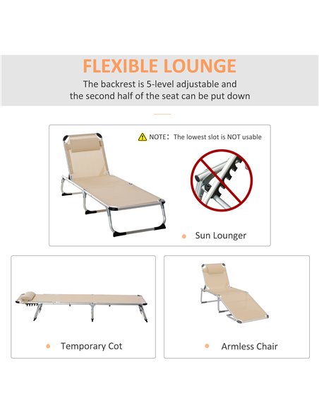 Outsunny Foldable Reclining Sun Lounger Lounge Chair Camping Bed Cot with Pillow 5-Level Adjustable Back Aluminium Frame Khaki - pic 14337 | FastDaddyshop