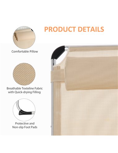 Outsunny Foldable Reclining Sun Lounger Lounge Chair Camping Bed Cot with Pillow 5-Level Adjustable Back Aluminium Frame Khaki