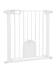 PawHut 75-82cm Pet Safet Gaye, Pressure Fit Stair, with Cat Flap, Double Locking, White
