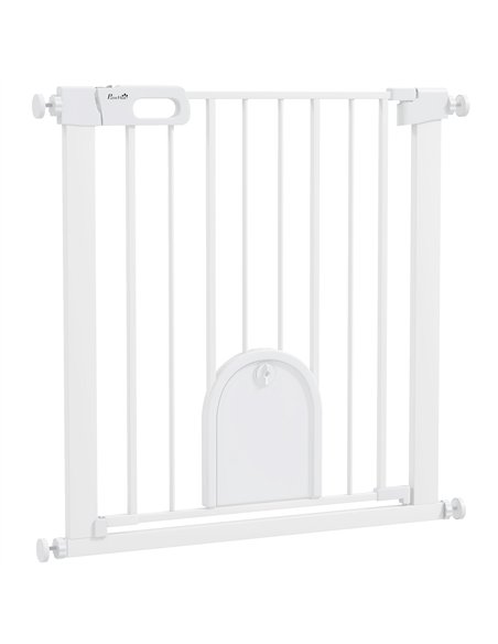 PawHut 75-82cm Pet Safet Gaye, Pressure Fit Stair, with Cat Flap, Double Locking, White - pic 143381 | FastDaddyshop