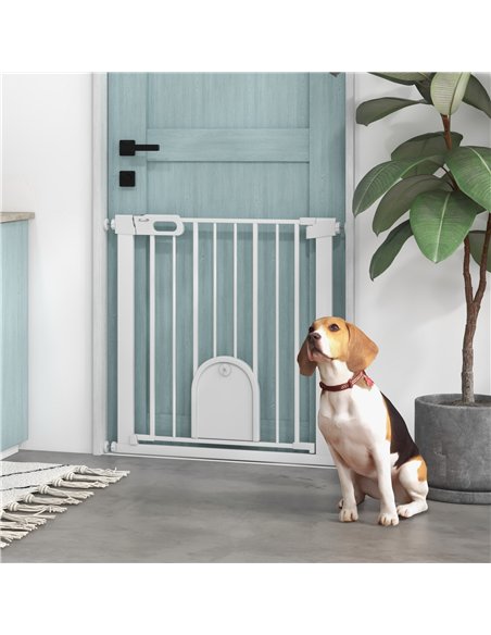 PawHut 75-82cm Pet Safet Gaye, Pressure Fit Stair, with Cat Flap, Double Locking, White - pic 143382 | FastDaddyshop
