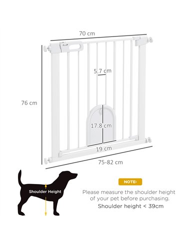 PawHut 75-82cm Pet Safet Gaye, Pressure Fit Stair, with Cat Flap, Double Locking, White