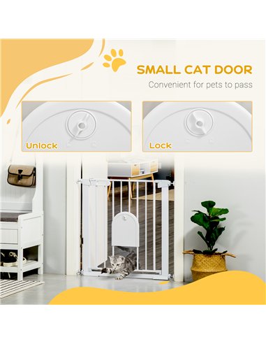 PawHut 75-82cm Pet Safet Gaye, Pressure Fit Stair, with Cat Flap, Double Locking, White