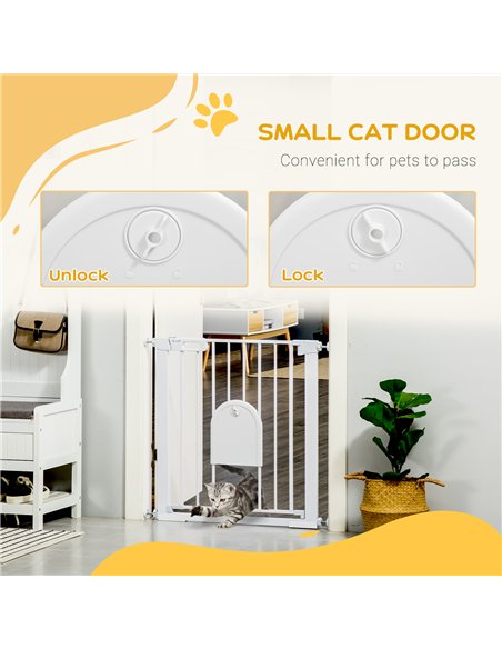 PawHut 75-82cm Pet Safet Gaye, Pressure Fit Stair, with Cat Flap, Double Locking, White - pic 143386 | FastDaddyshop