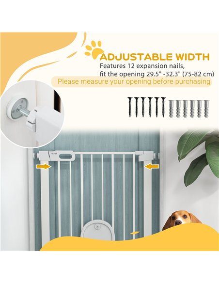 PawHut 75-82cm Pet Safet Gaye, Pressure Fit Stair, with Cat Flap, Double Locking, White - pic 143387 | FastDaddyshop