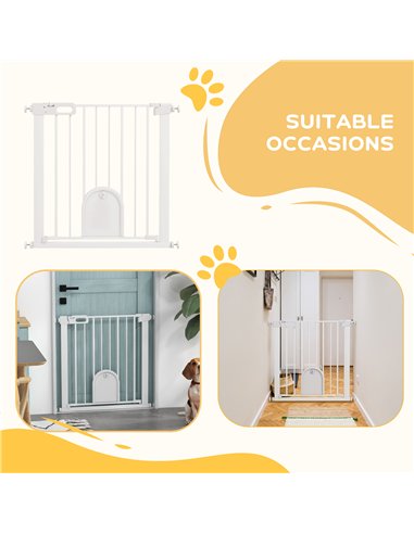PawHut 75-82cm Pet Safet Gaye, Pressure Fit Stair, with Cat Flap, Double Locking, White