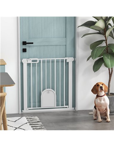 PawHut 75-82cm Pet Safet Gaye, Pressure Fit Stair, with Cat Flap, Double Locking, White