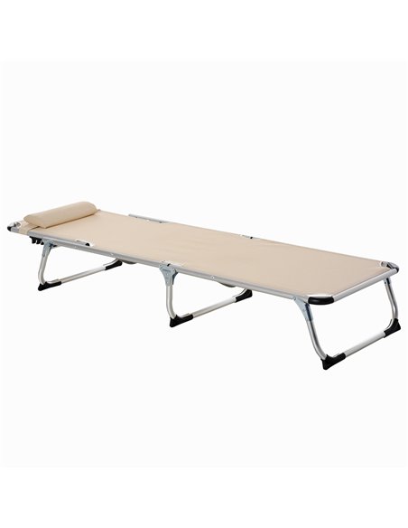 Outsunny Foldable Reclining Sun Lounger Lounge Chair Camping Bed Cot with Pillow 5-Level Adjustable Back Aluminium Frame Khaki - pic 14340 | FastDaddyshop