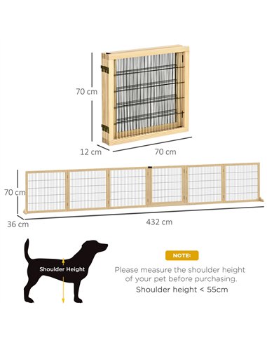 PawHut Wooden Pet Gate, Freestanding Dog Safety Barrier with Two Support Feet - Natural Tone
