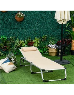 Outsunny Foldable Reclining Sun Lounger with Pillow 5-Level Adjustable Back, Khaki 2