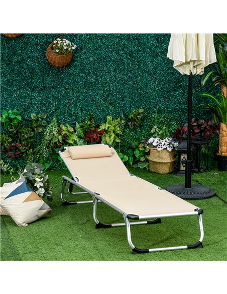 Outsunny Foldable Reclining Sun Lounger Lounge Chair Camping Bed Cot with Pillow 5-Level Adjustable Back Aluminium Frame Khaki - pic 14343 | FastDaddyshop