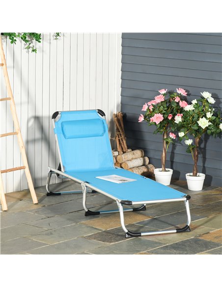Outsunny Foldable Reclining Sun Lounger Lounge Chair Camping Bed Cot with Pillow 5-Level Adjustable Back Aluminium Frame Blue - pic 14344 | FastDaddyshop