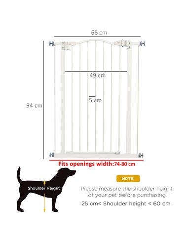 PawHut Pressure Fit Dog Stair Gate No Drilling Safety Gate Auto Close for Doorways, Hallways, 74-80cm Adjustable, 94cm Tall, Whi