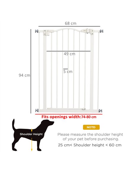PawHut Pressure Fit Dog Stair Gate No Drilling Safety Gate Auto Close for Doorways, Hallways, 74-80cm Adjustable, 94cm Tall, Whi - pic 143446 | FastDaddyshop