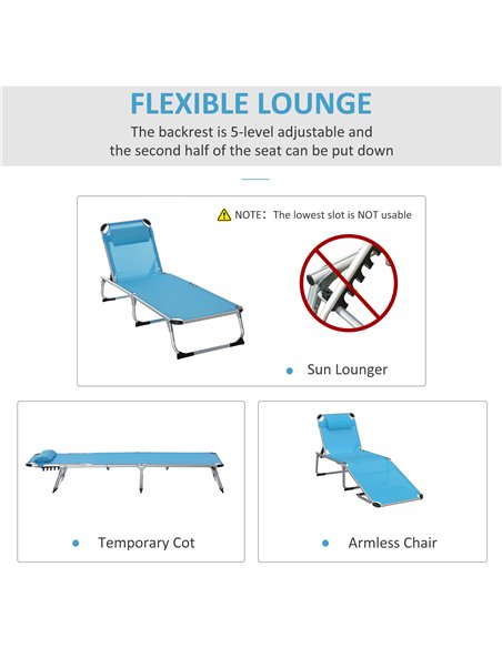 Outsunny Foldable Reclining Sun Lounger Lounge Chair Camping Bed Cot with Pillow 5-Level Adjustable Back Aluminium Frame Blue - pic 14346 | FastDaddyshop